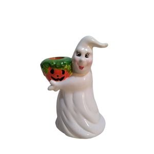 Vintage Ceramic Ghost Holding A Pumpkin Candlestick Holder Halloween Spooky